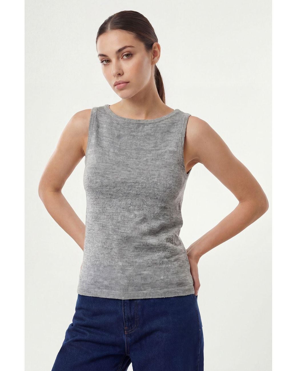 Bigdart Gray Ribbed Sleeveless Crew Neck Tank Top