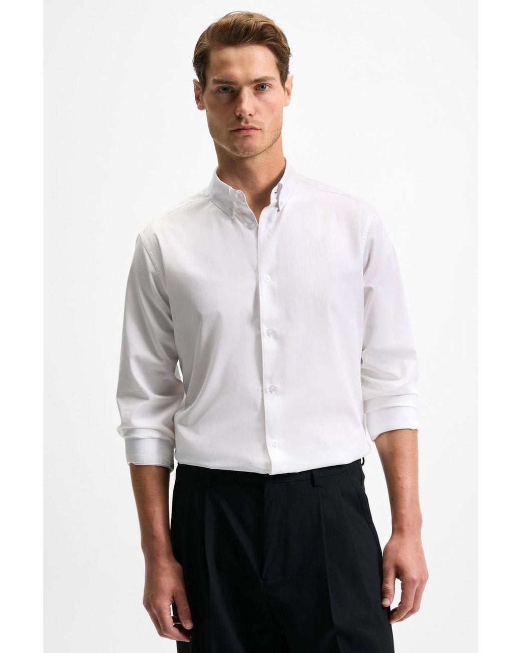 Grimelange White Button Collar Poplin Shirt for men