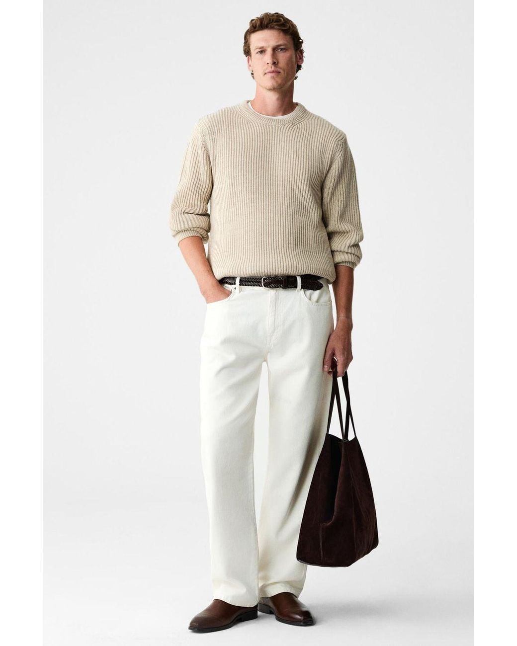 Grimelange Natural Crew Neck Ribbed Fine Knit Jumper for men