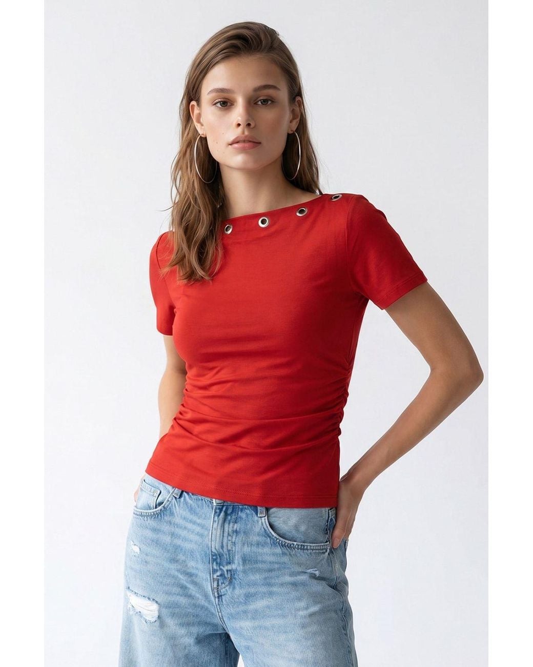 MixRay Red Slim Fit Boat Neck T-Shirt