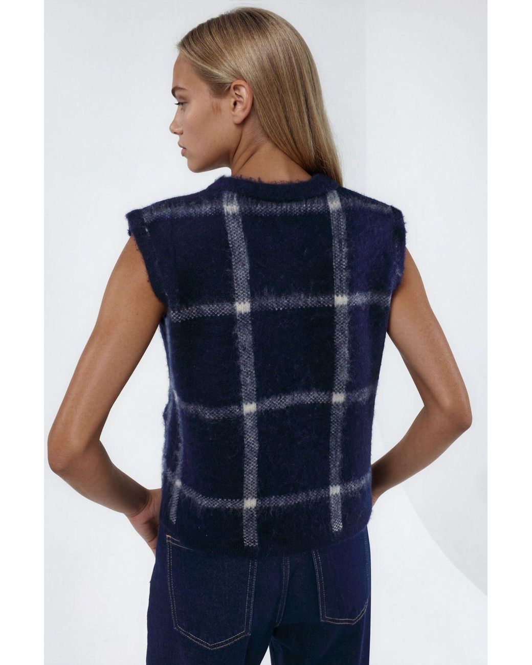 Hiccup Blue Plaid Crew Neck Sweater Vest With Buttons