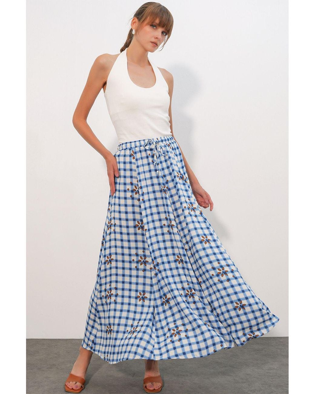 Bigdart Blue High-Waist Plaid Maxi Skirt