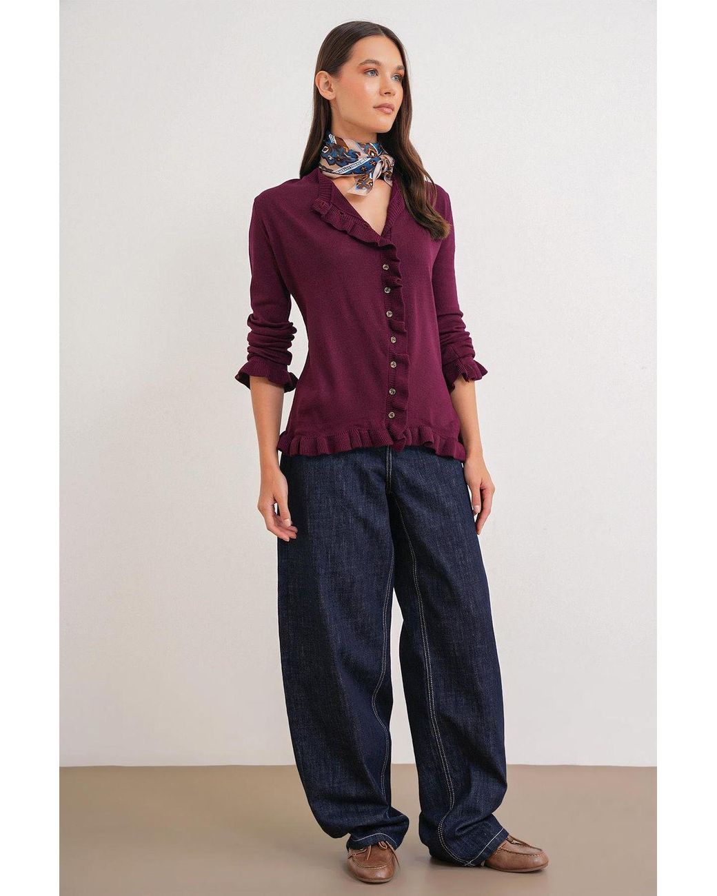 MixRay Red Frilly Ribbed Knit Cardigan