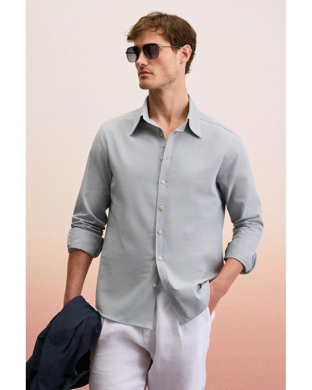 Grimelange Gray Slim Fit Button Collar Shirt for men
