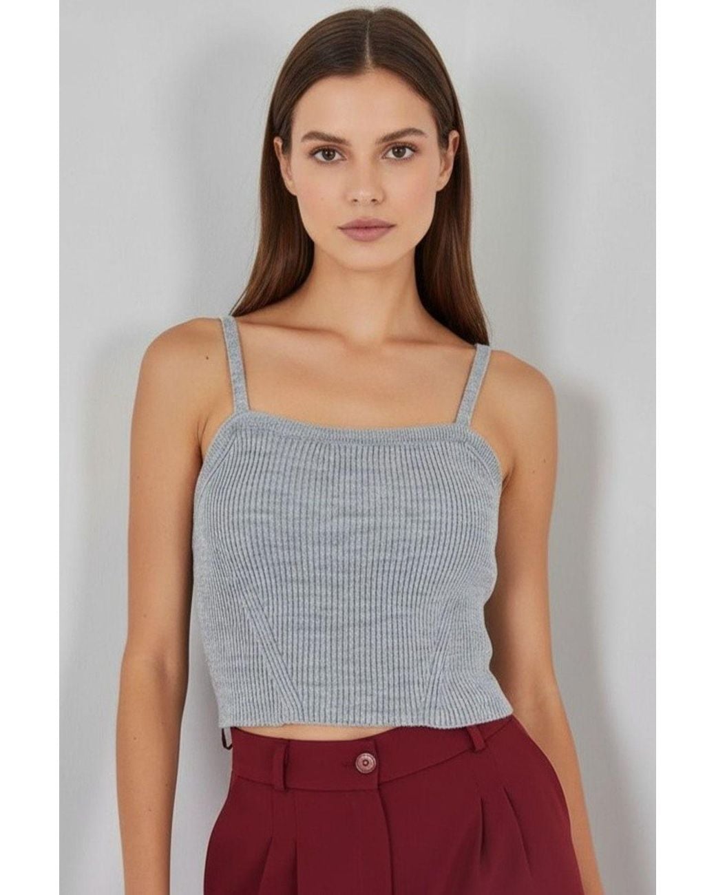Bigdart Gray Square Collar Ribbed Knit Crop Top
