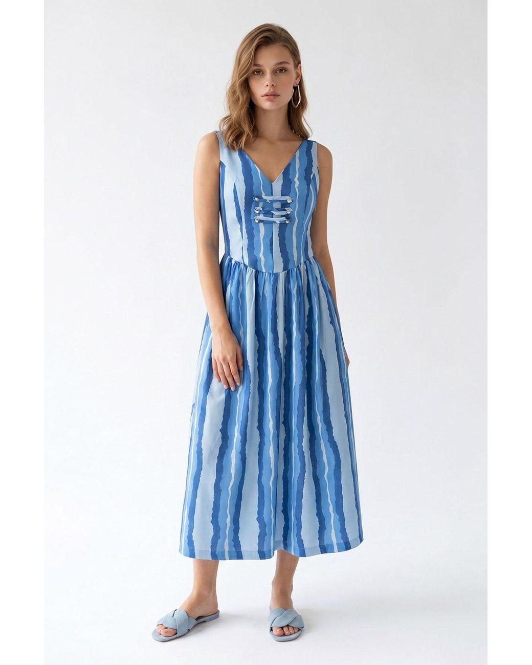 MixRay Blue Striped A-Line Midi Dress With Tie Detail