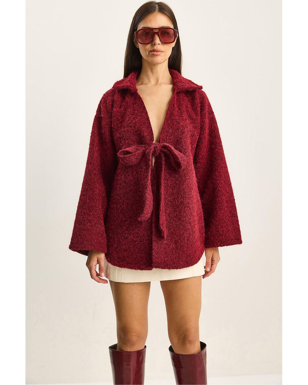 Bianco Lucci Textured Oversized V-Neck Tie Closure Cardigan