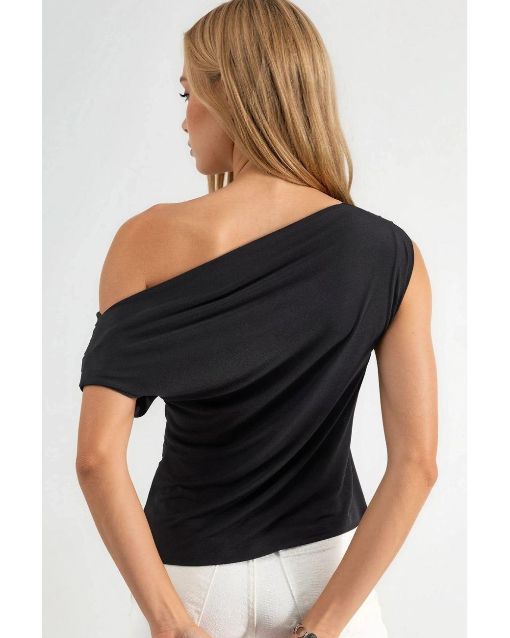 Hiccup Black Belted Asymmetrical Collar Drape Top