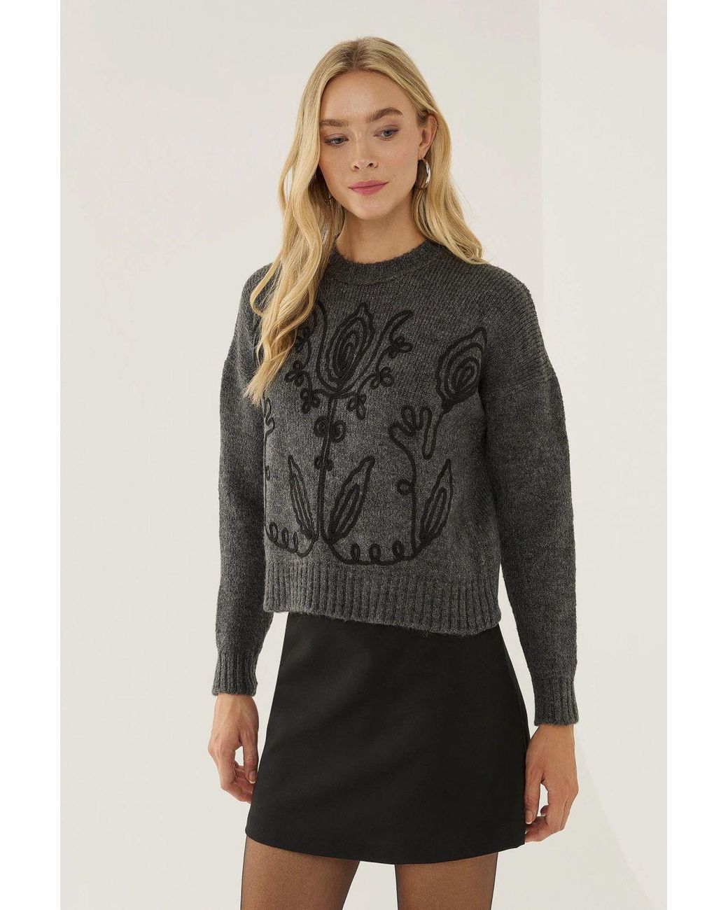Hiccup Black Floral Pattern Crew Neck Sweater