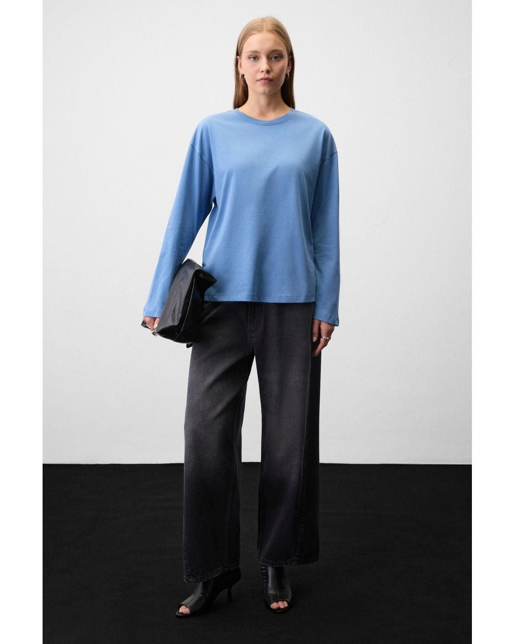 Grimelange Blue Crew Neck Long Sleeve Blouse