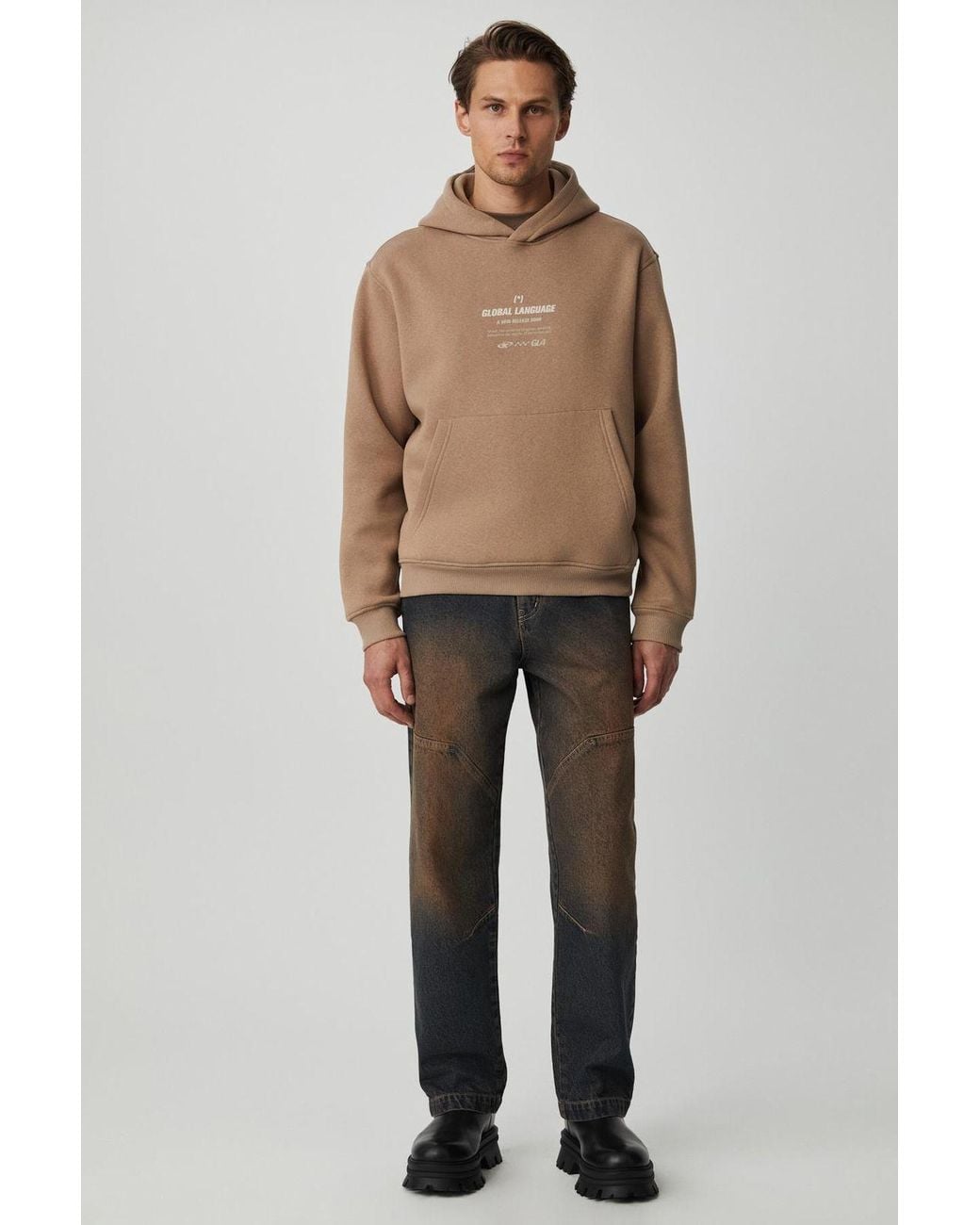 Grimelange Natural Printed Hooded Pocket Sweatshirt for men