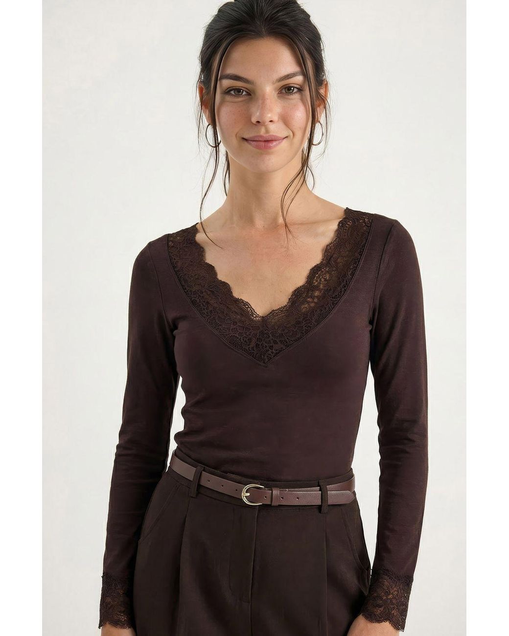 Bianco Lucci Black Lace Detailed V-Neck Blouse