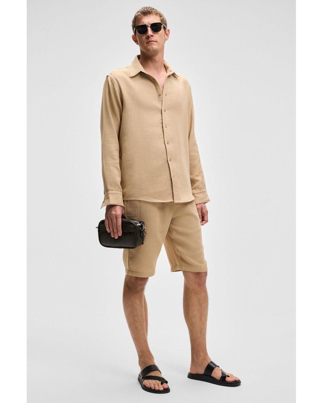Grimelange Natural Long Sleeve Button Shirt for men