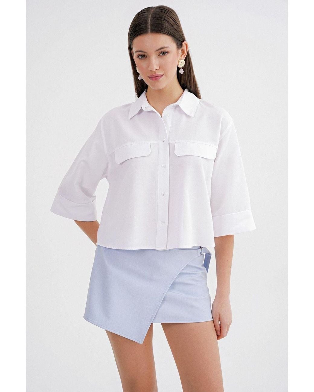 MixRay White Short Sleeve Crop Poplin Shirt