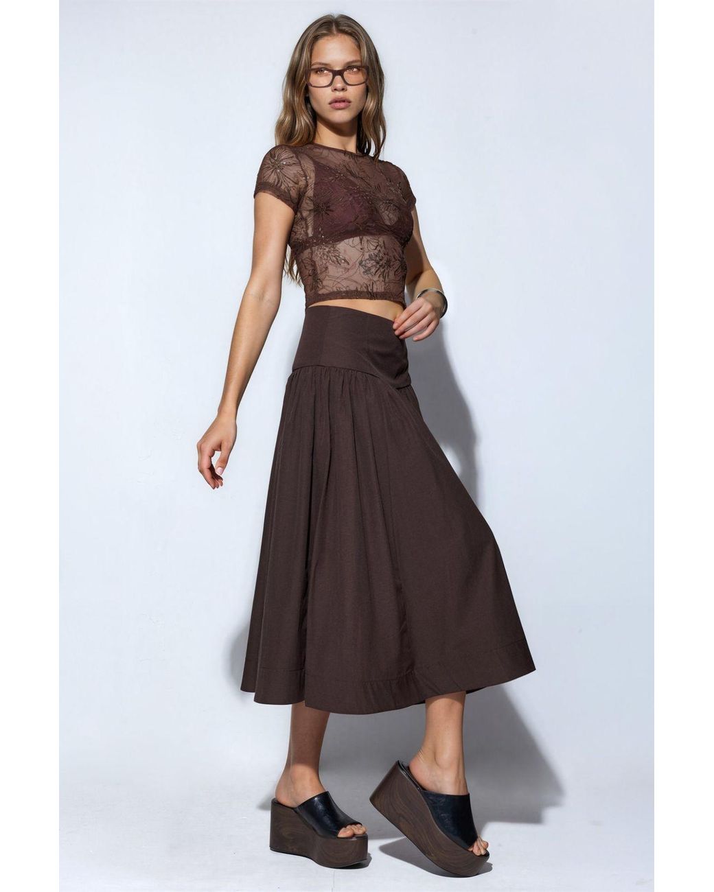 Busem Brown High-Waist A-Line Midi Skirt