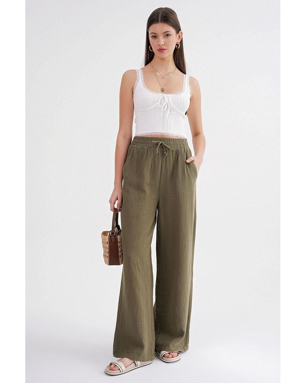 MixRay Green High Waist Textured Muslin Fabric Pants