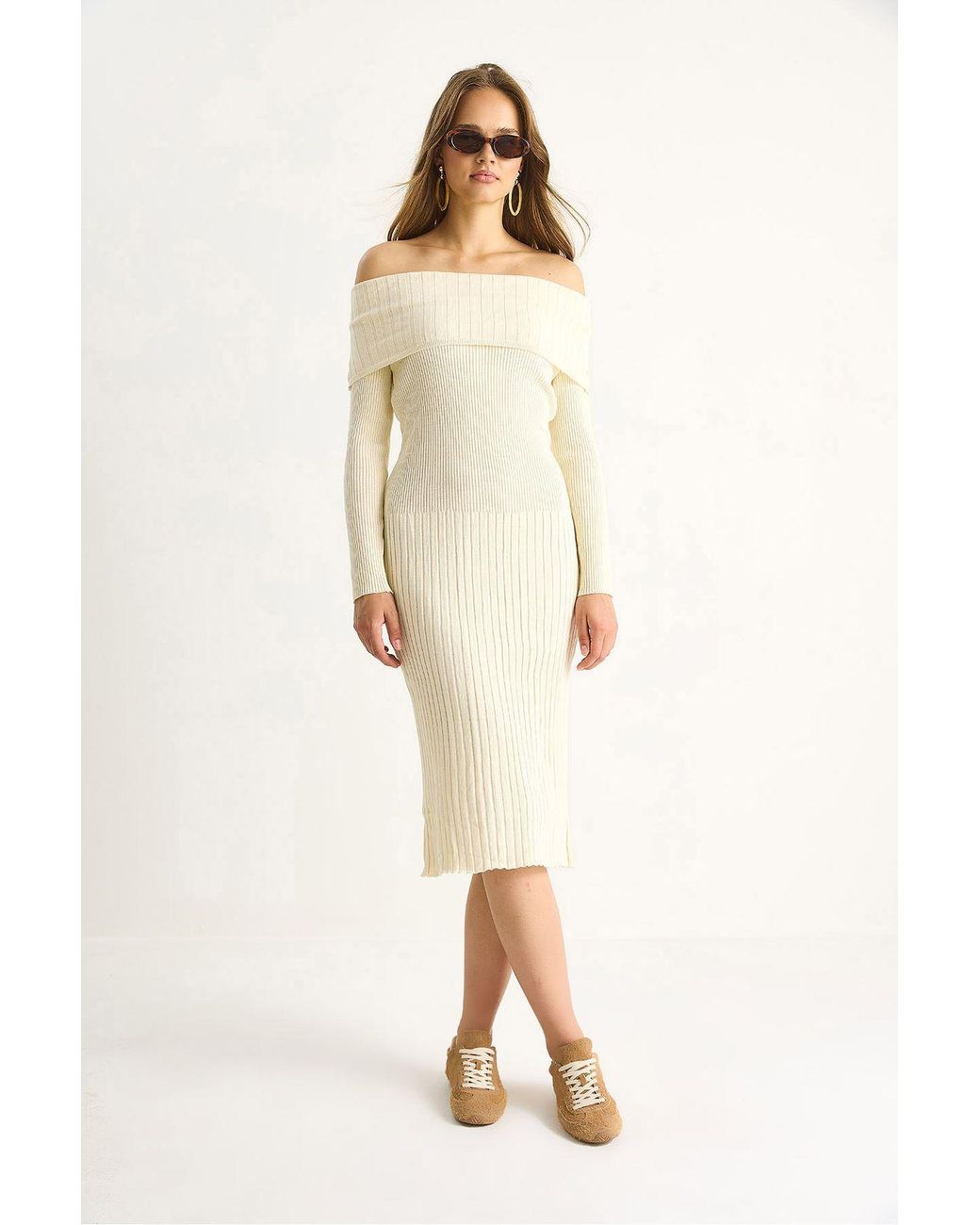 Bianco Lucci Natural Ribbed Midi Dress