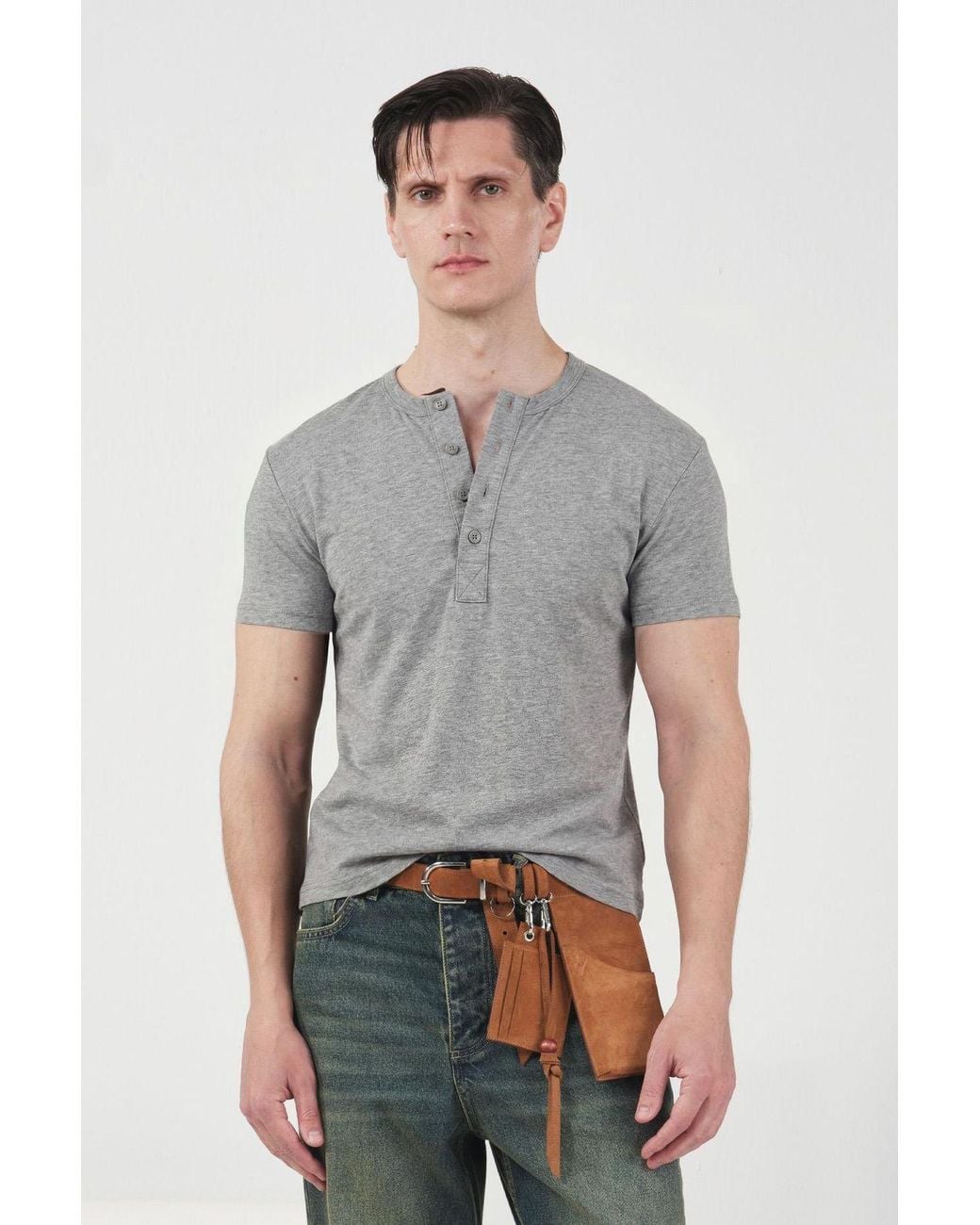 Giesto Gray Slim Fit Crew Neck Buttoned T-Shirt for men