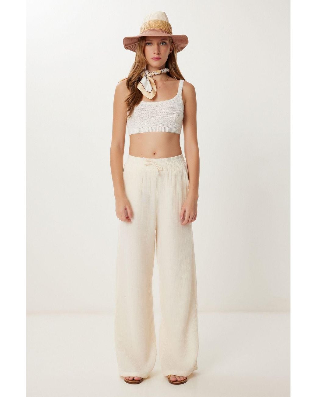 Happiness İstanbul Natural Wide Leg Drawstring Waist Pants With Binding Detail