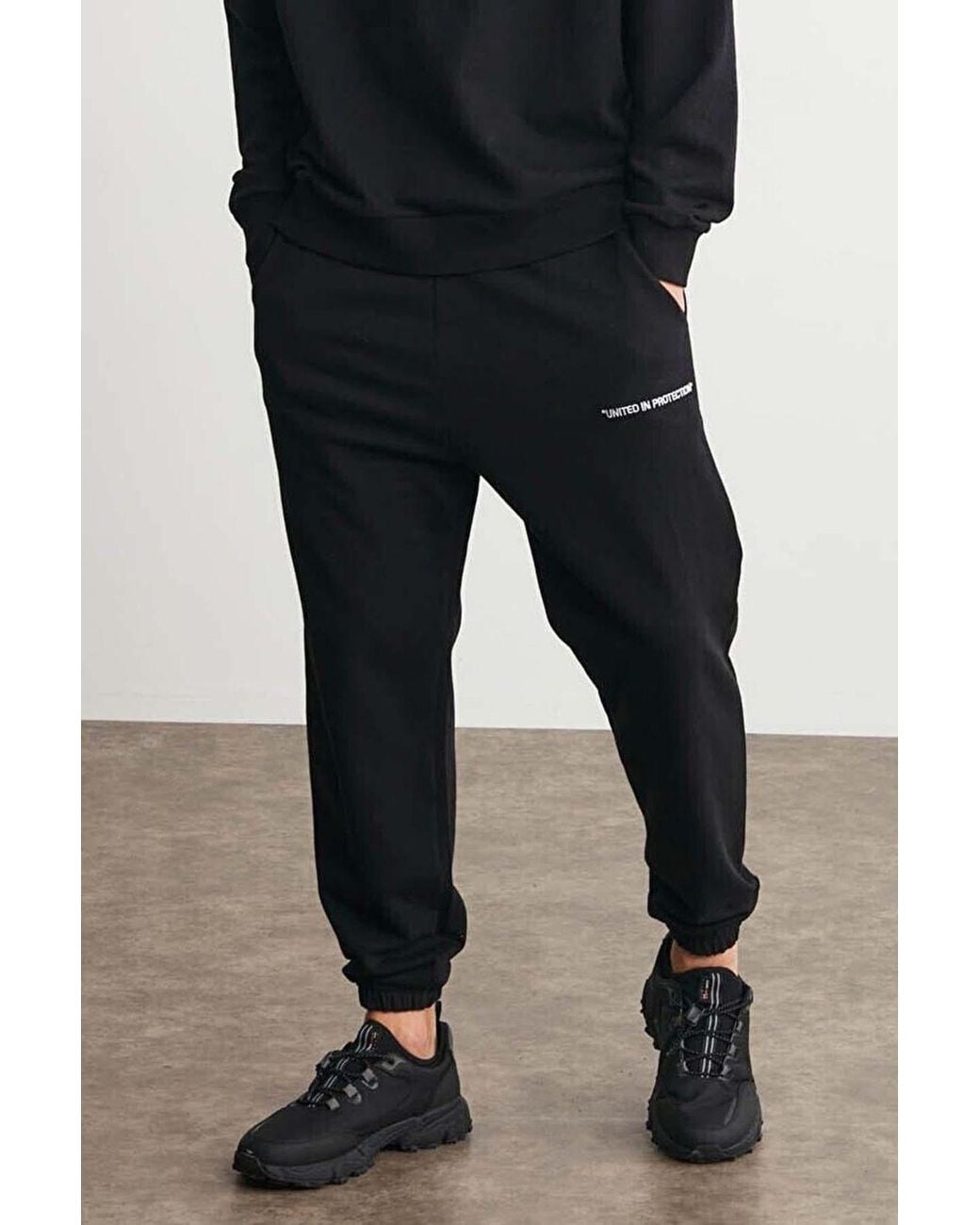 Grimelange Black Elastic Waist Long Joggers for men