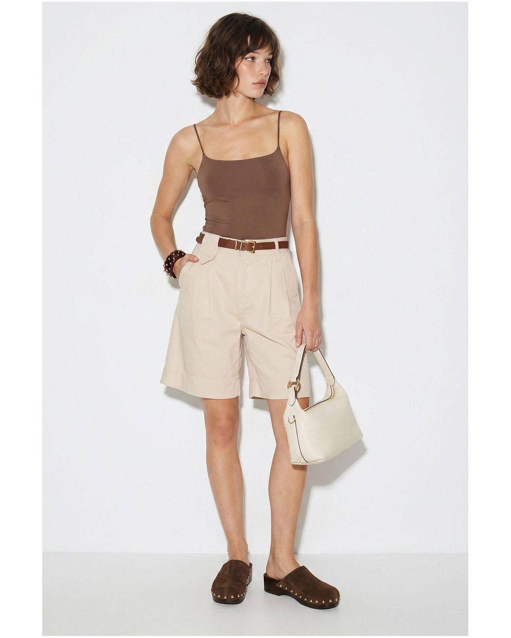 Bianco Lucci Natural High-Waist Belted Tailored Shorts