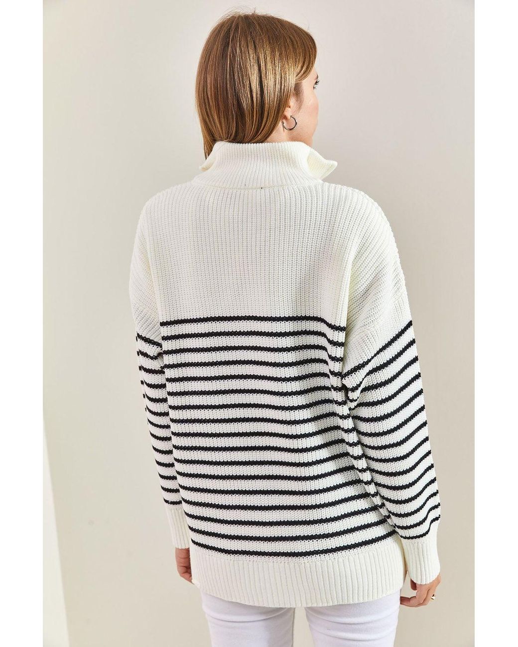 Bianco Lucci Gray Striped Zipper Collar Relaxed Fit Sweater