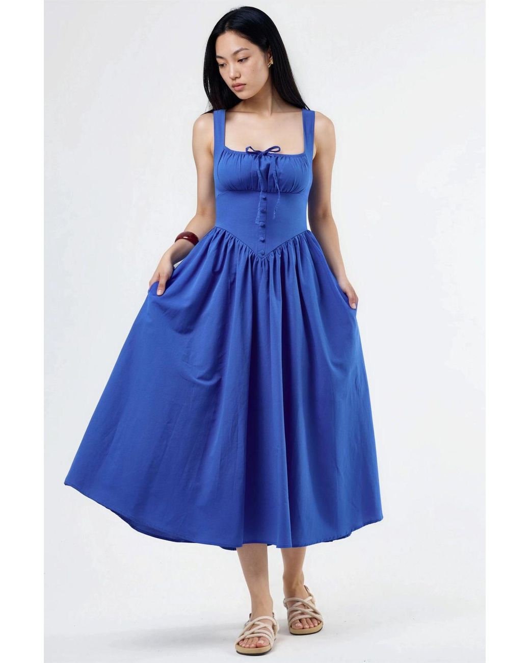 Busem Blue Midi Dress With Square Collar And Button Detail