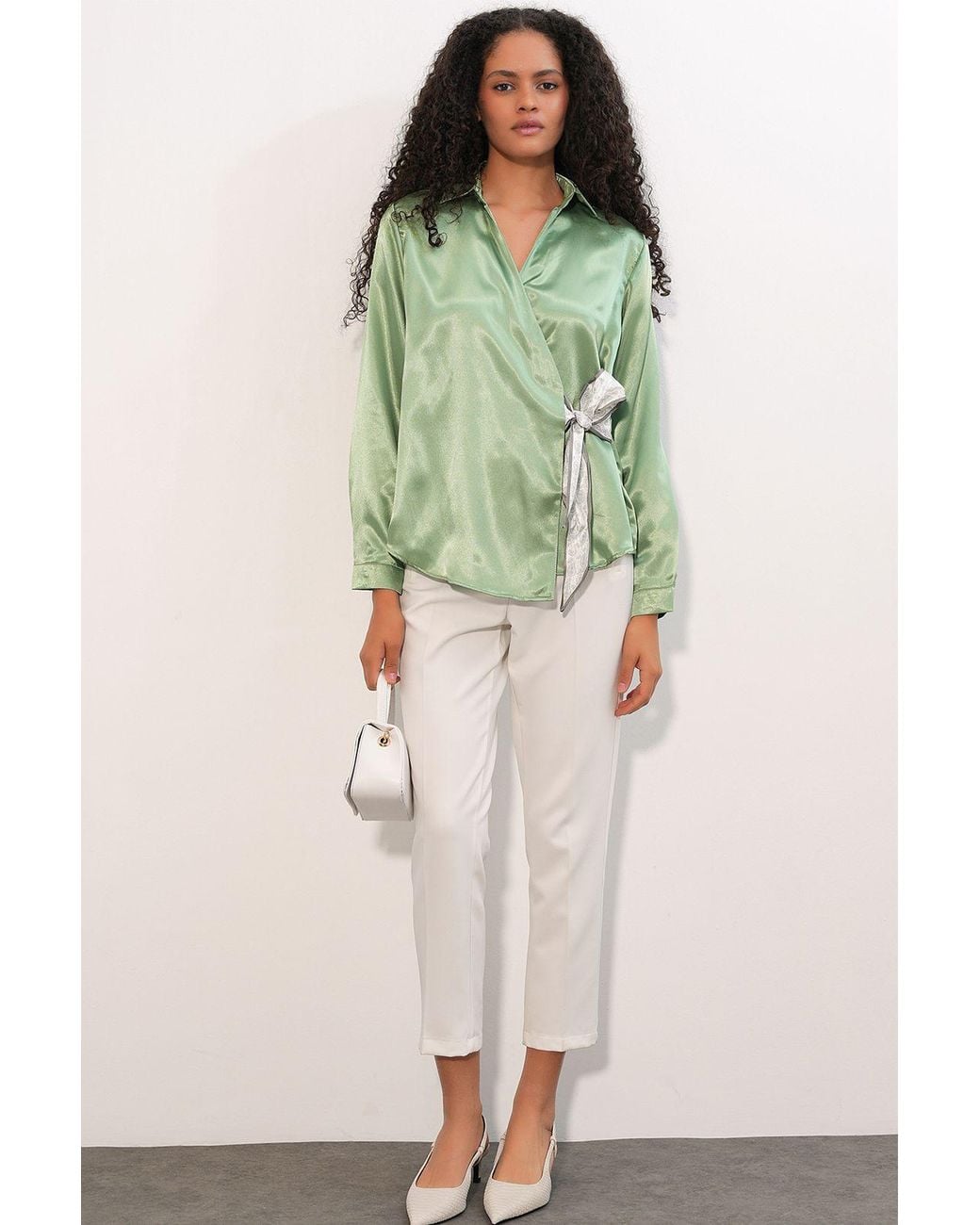 Bigdart Green Satin Tie-Front Shirt