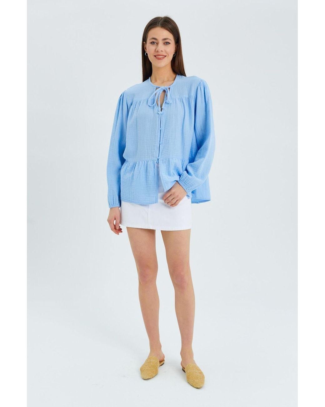 MixRay Blue Long Sleeve Relaxed Fit Blouse With Tie-Neck