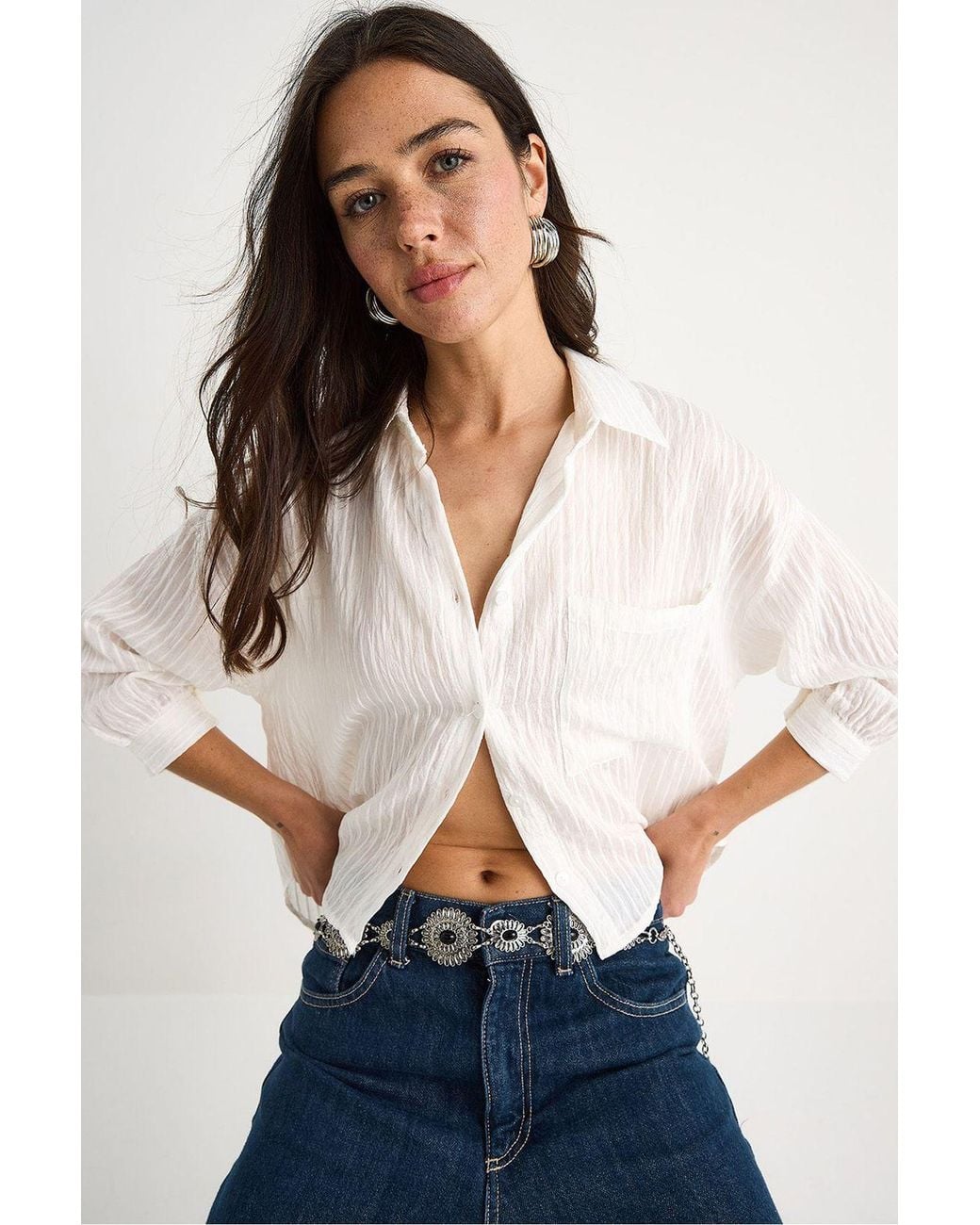Bianco Lucci Blue Textured Striped Crop Shirt With Button Closure And Pocket