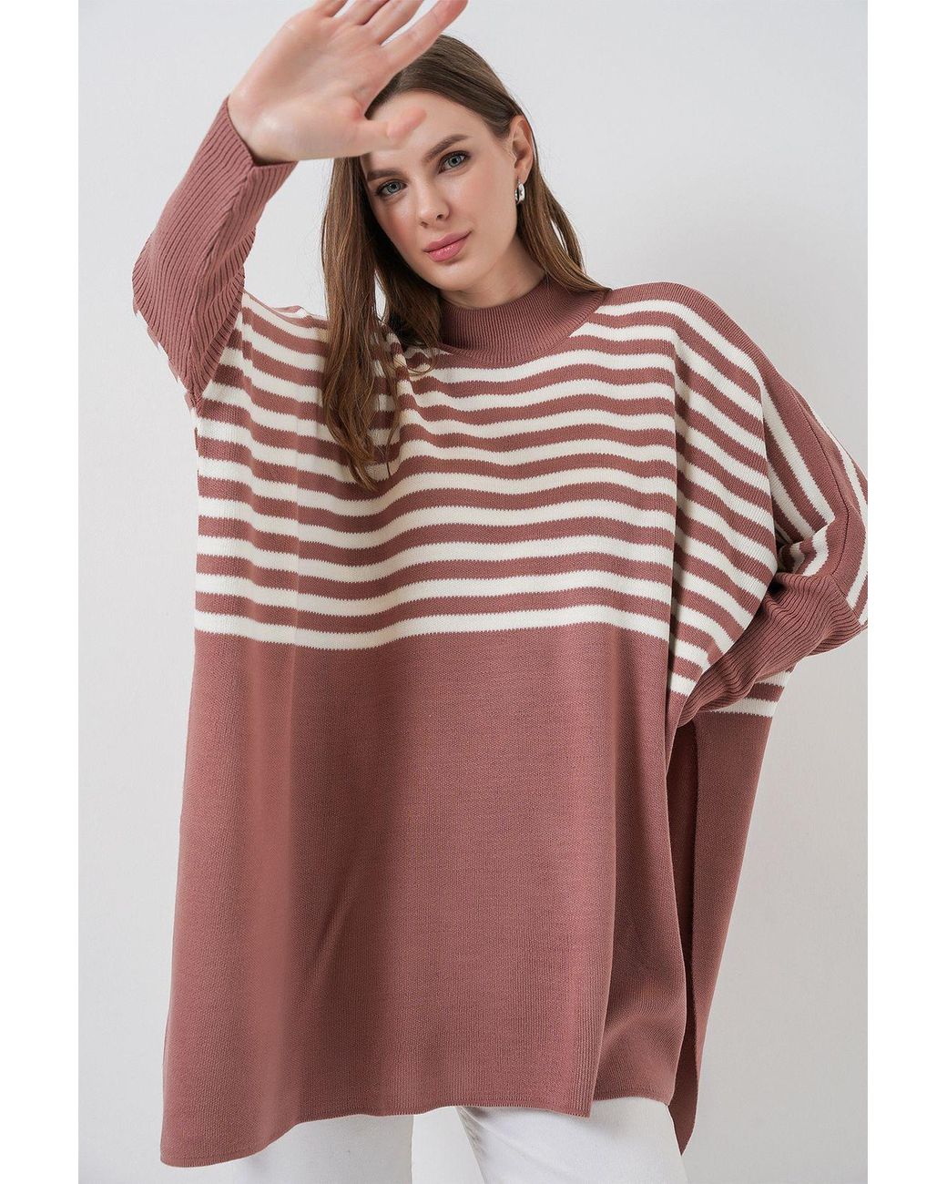 Bigdart Multicolor Slit Detailed Half Turtleneck Loose Sweater