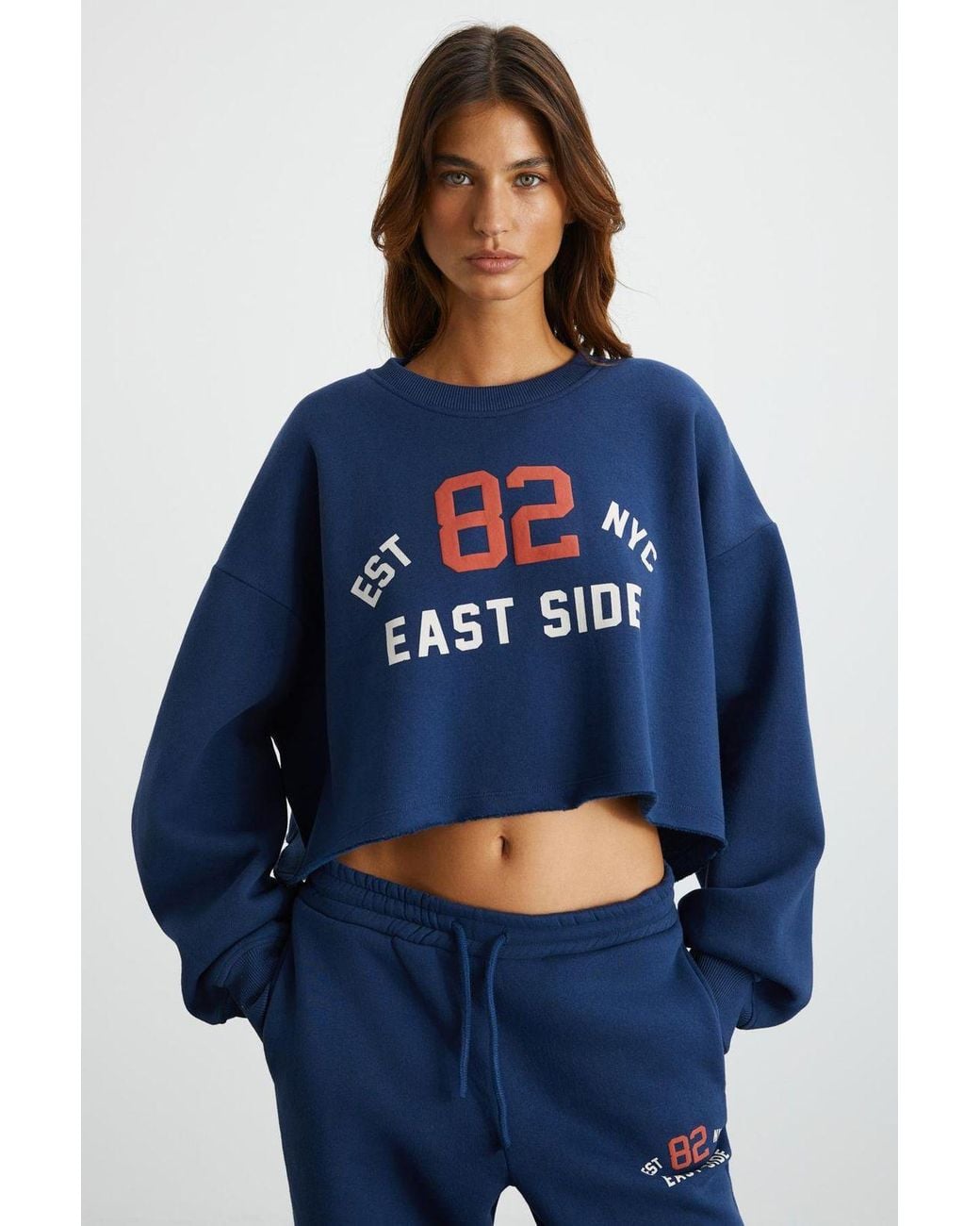 Grimelange Blue Printed Crop Sweatshirt Pants Set
