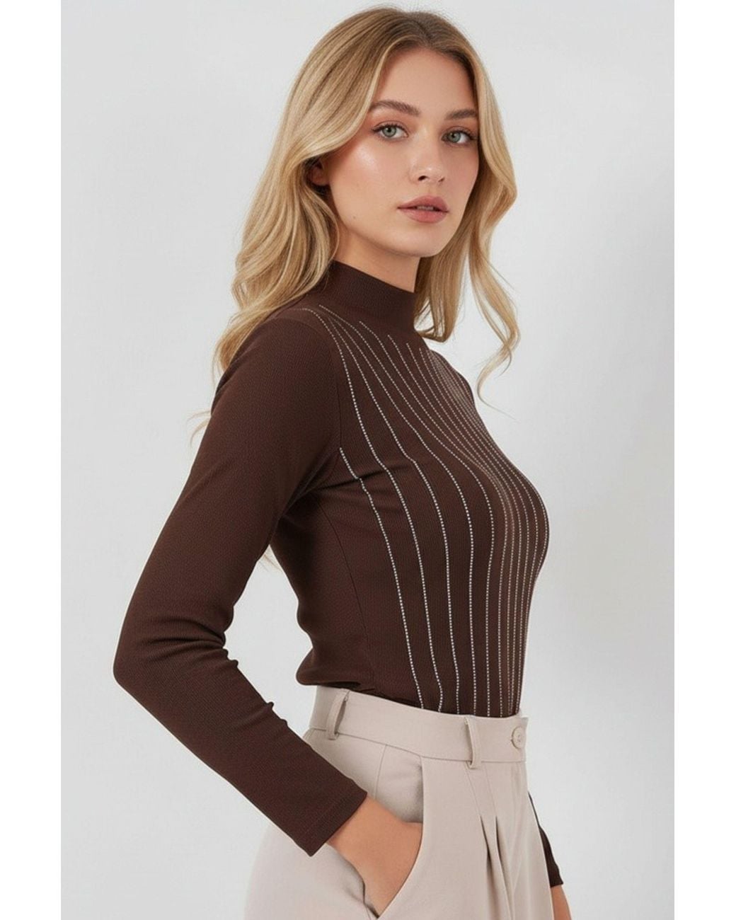 Bigdart Brown Striped Half Turtleneck Long Sleeve Top With Stone Detail
