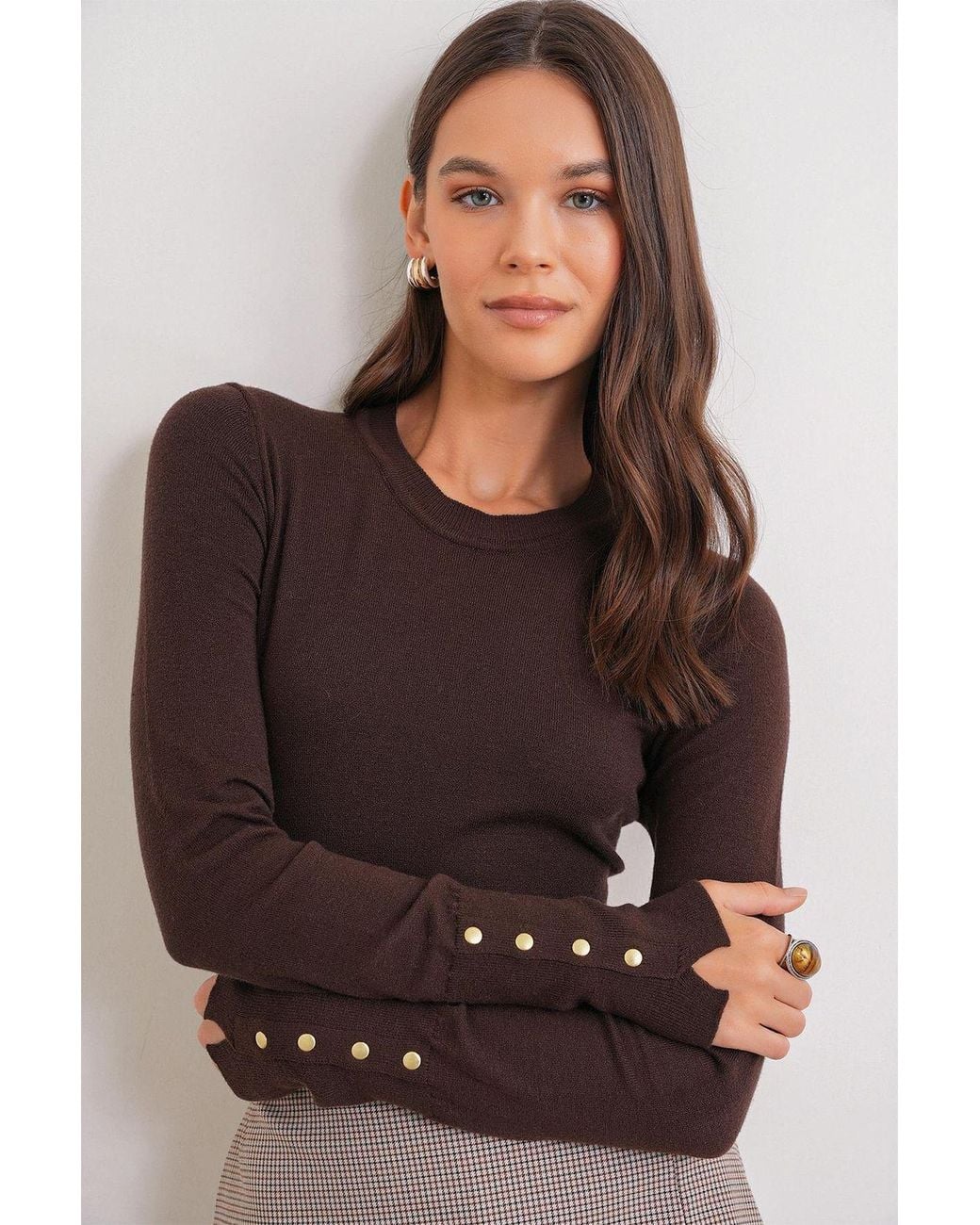 MixRay Brown Crew Neck Knit Sweater