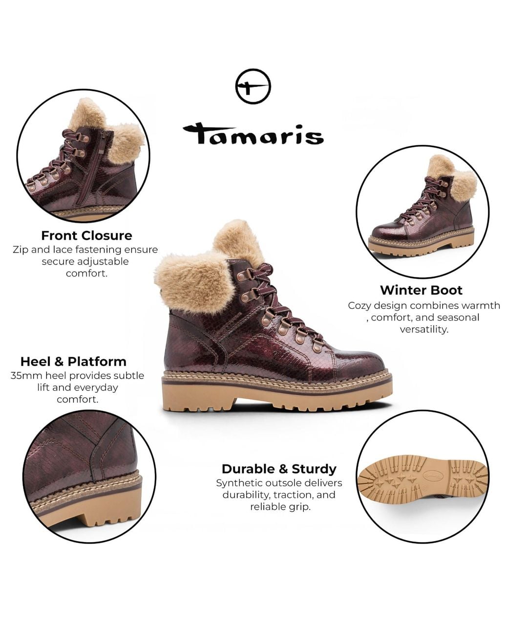 Tamaris Brown Faux Leather Warm Winter Ankle Boots