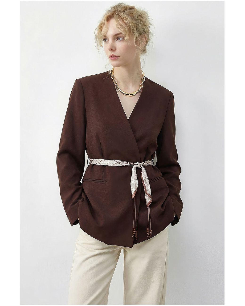 Bianco Lucci Multicolor V-Neck Belted Blazer Jacket