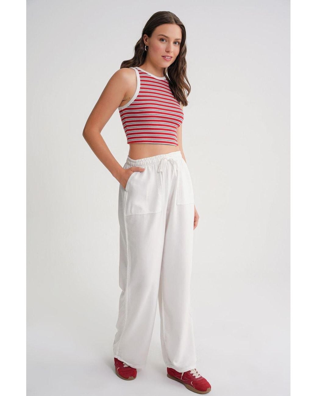 MixRay White Mid Waist Straight Leg Cotton Pants With Tie Closure
