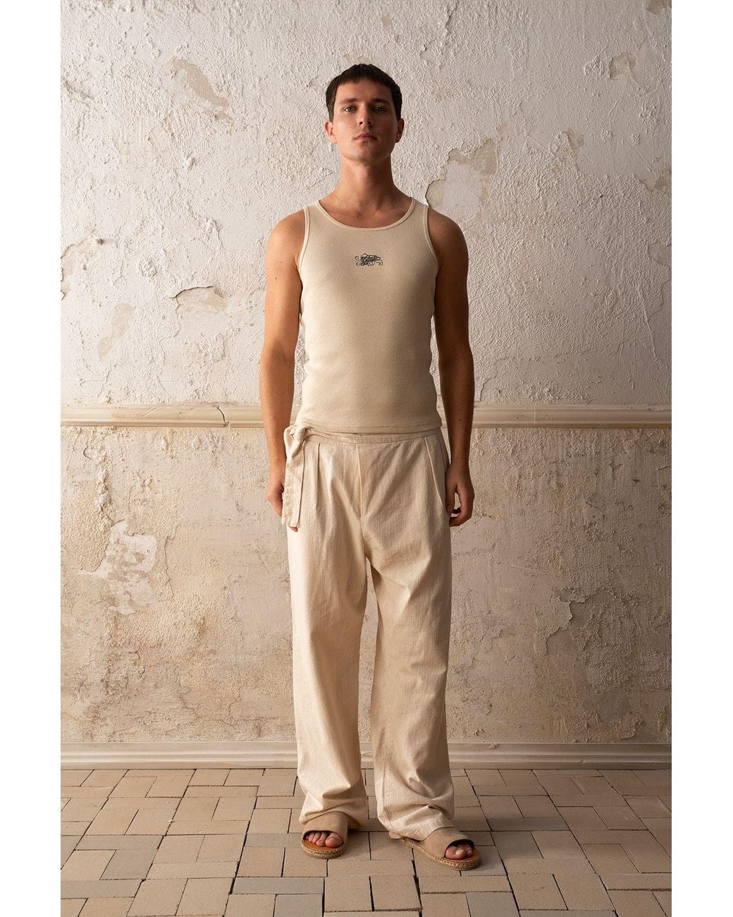 Giesto Natural Belted Relaxed Fit Wide Leg Pants for men