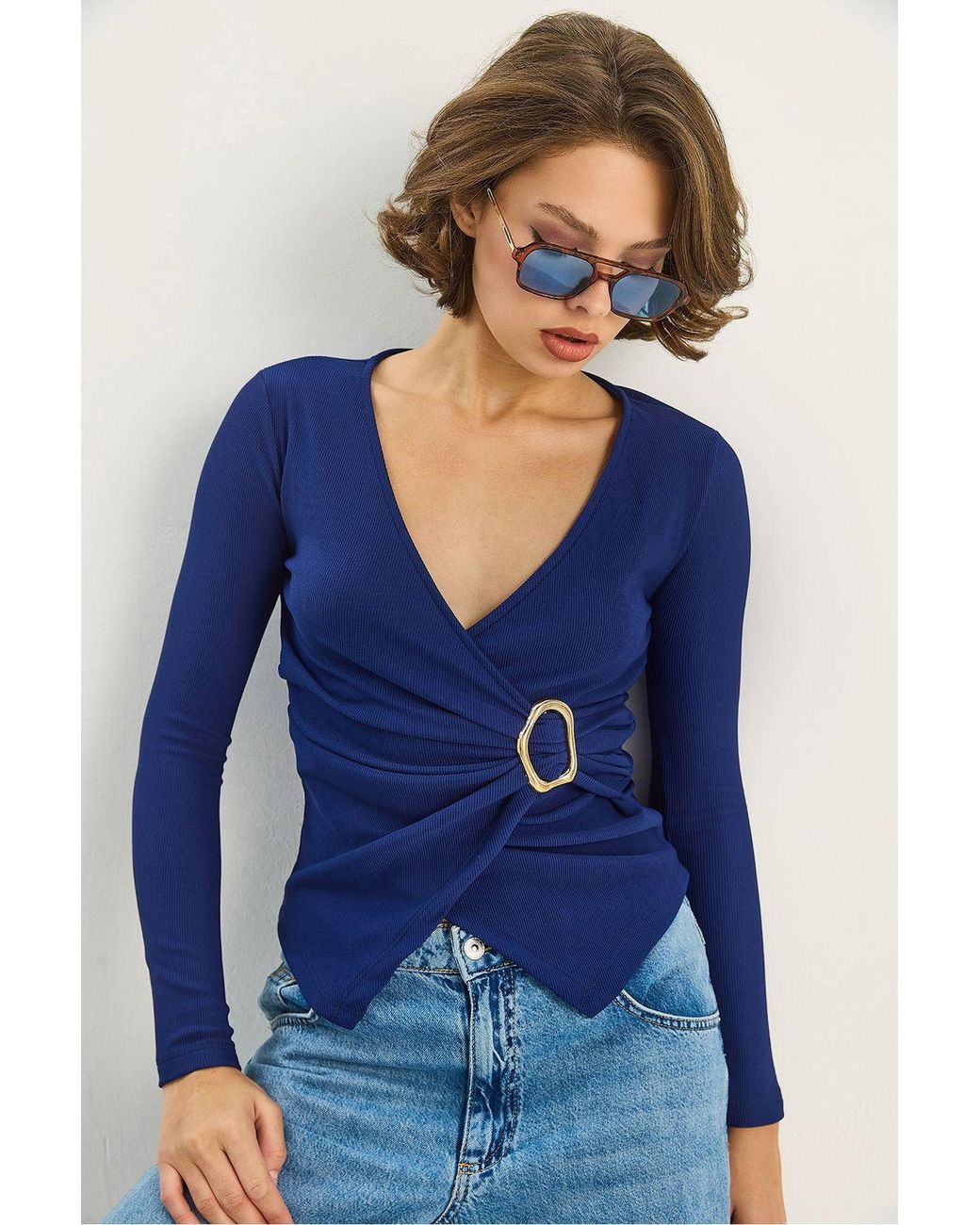 Bianco Lucci Blue Double Breasted Blouse With Accessory Detail