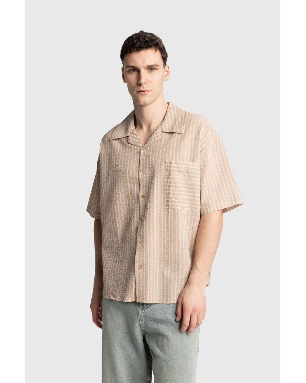 Giesto Natural Textured Striped Short Sleeve Shirt With Pocket for men