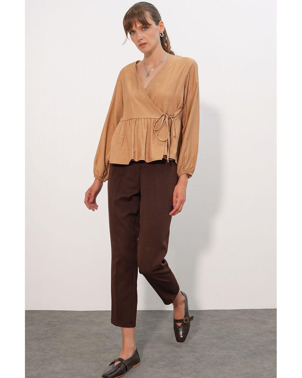 Bigdart Natural V-Neck Tie Detail Crepe Wrap Blouse