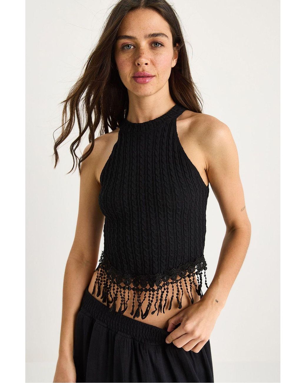 Bianco Lucci Black Textured Halter Crop Blouse