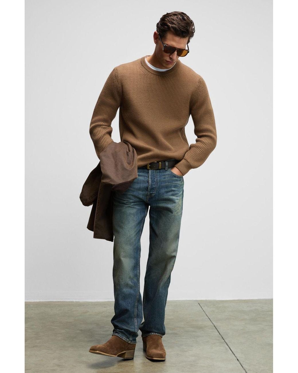 Grimelange Brown Crew Neck Ribbed Fine Knit Jumper for men