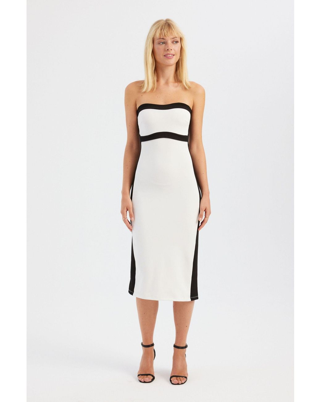 Hiccup White Block Colored Strapless Midi Dress