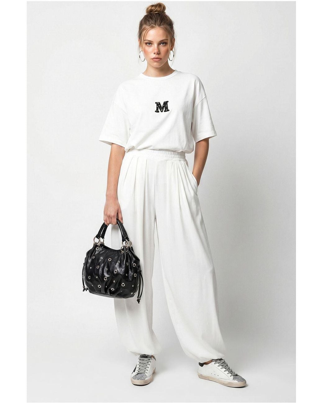 Bianco Lucci White Oversized Crew Neck T-Shirt And Wide-Leg Trouser Set