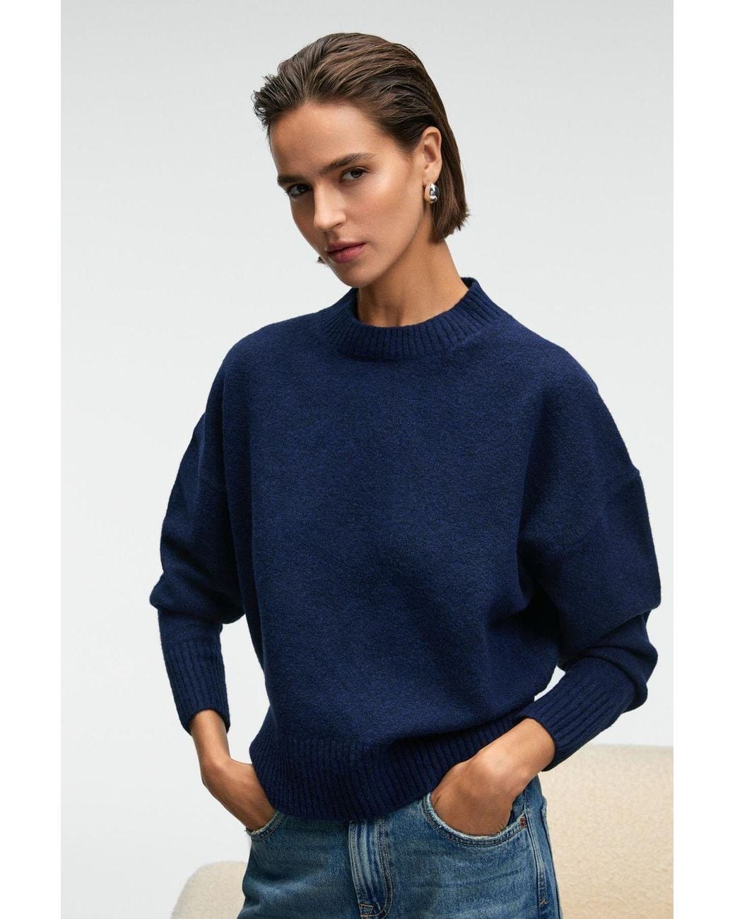 Grimelange Blue Oversized Ribbed Crew Neck Jumper