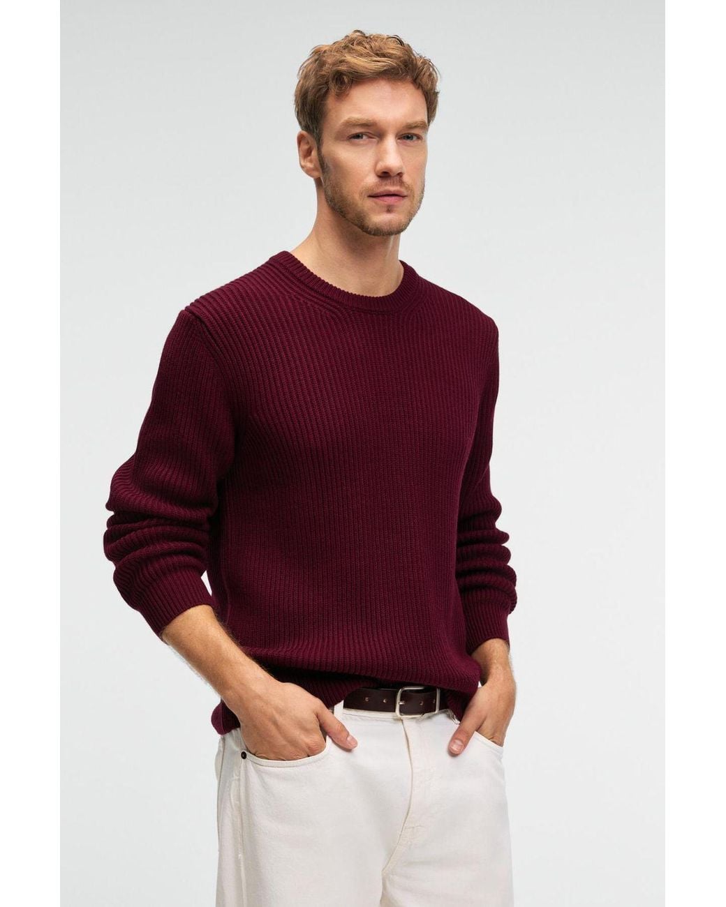Grimelange Red Crew Neck Ribbed Fine Knit Jumper for men