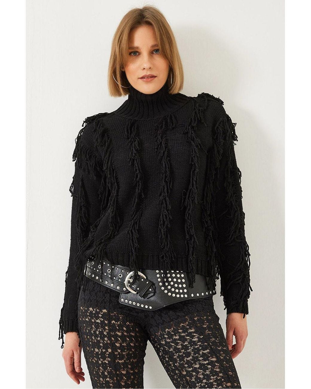 Bianco Lucci Black Frilly Turtleneck Cropped Sweater