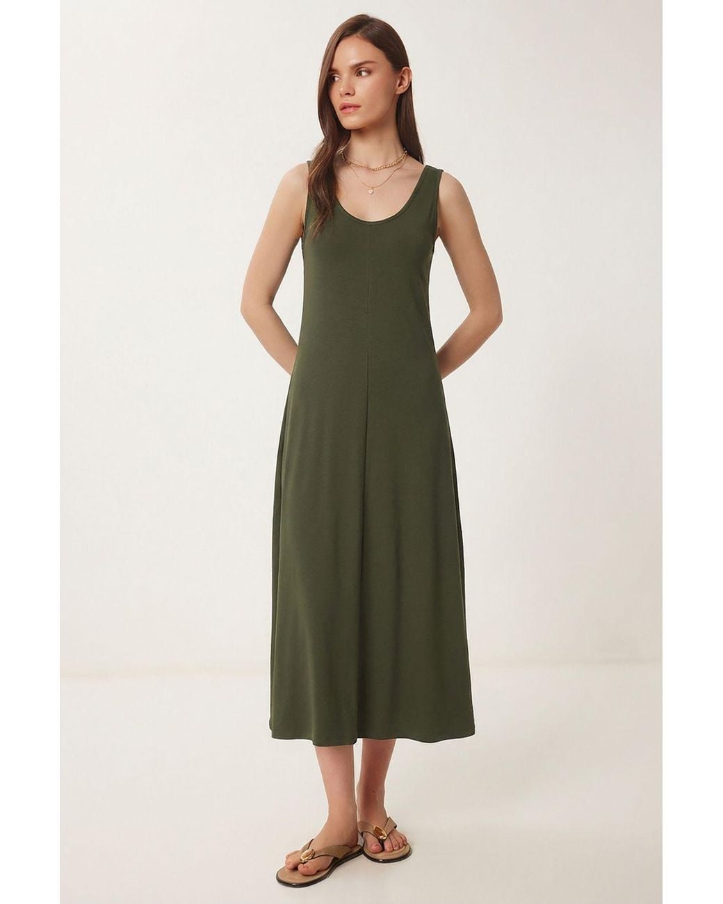Happiness İstanbul Green U Collar Midi Dress