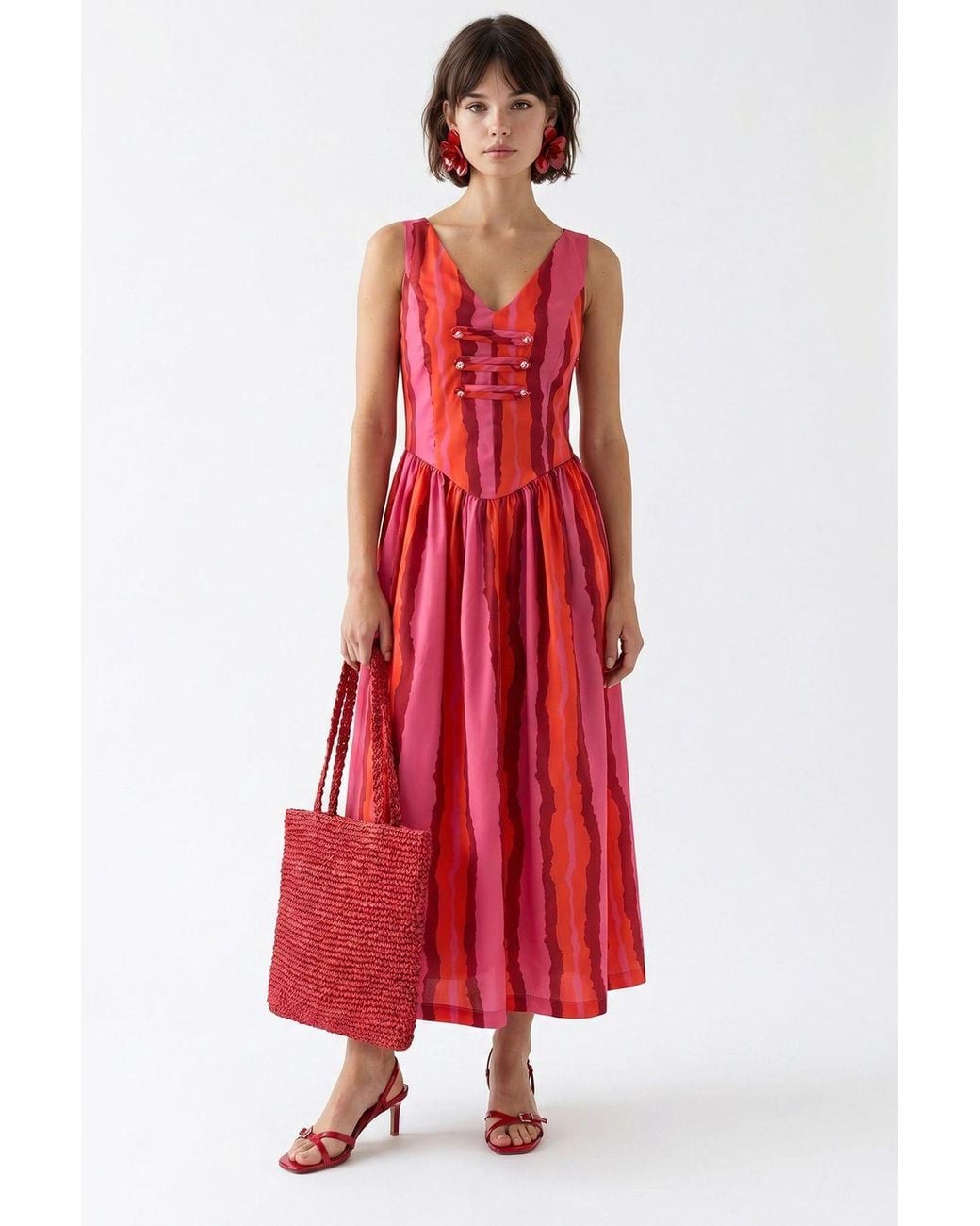 MixRay Red Striped A-Line Midi Dress With Tie Detail
